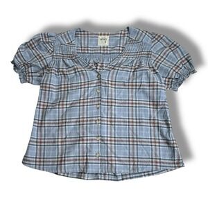 Fat Face Womens US 10 Blue Plaid Button Up Top 99% Cotton Short Sleeve Shirt